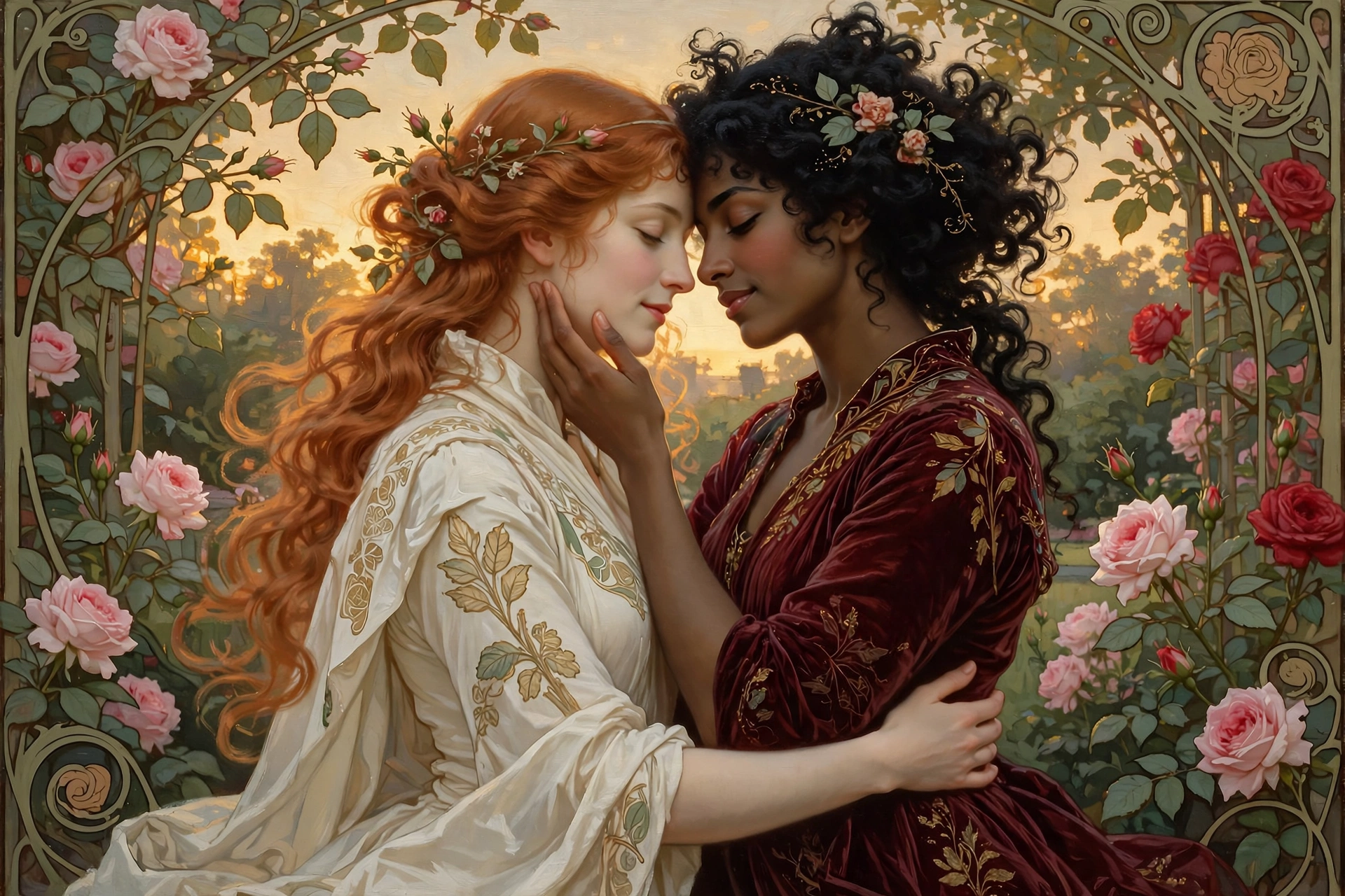 Oil painting of two women embracing in a rose garden at dusk, foreheads touching