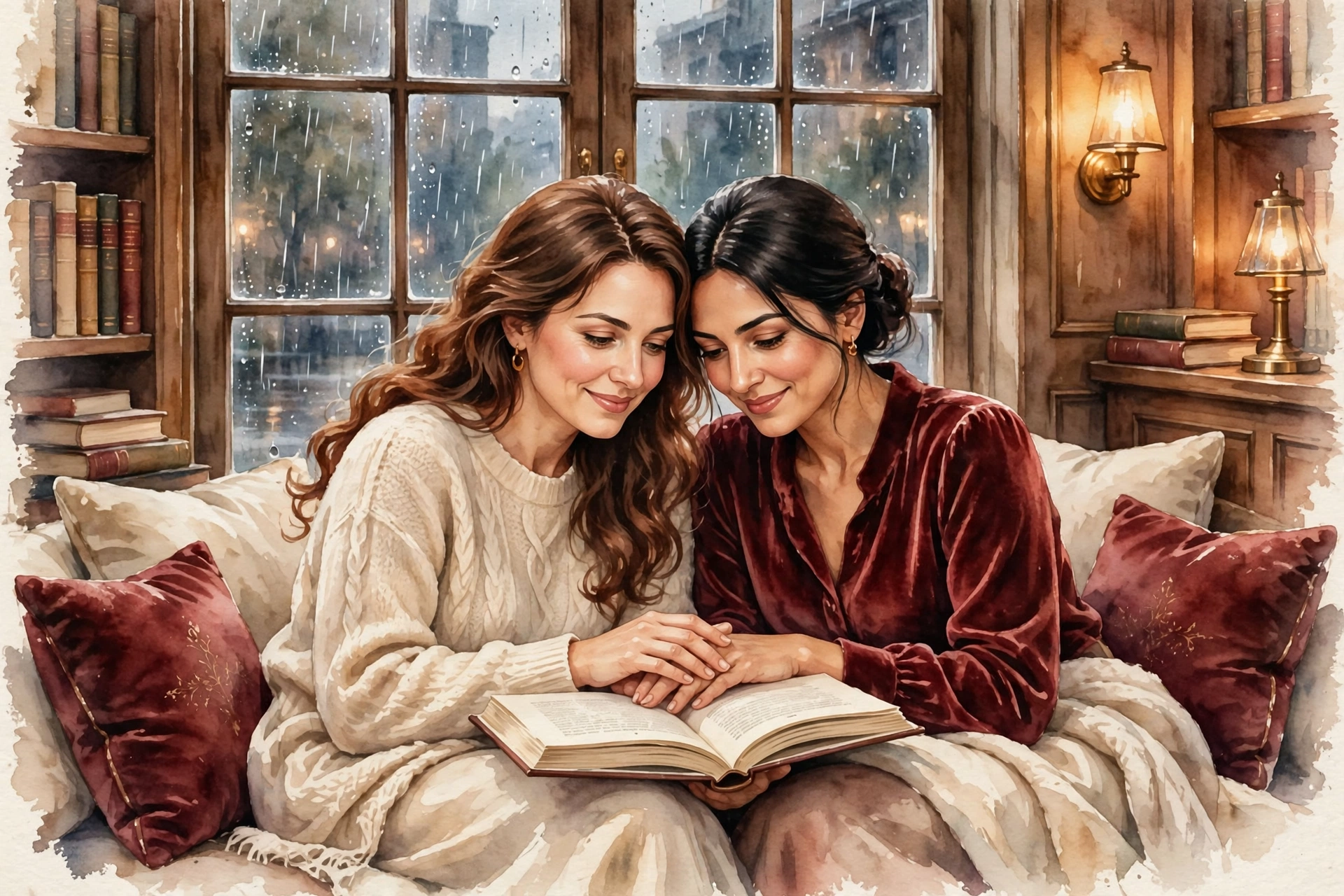 Watercolor of two women sharing one book on a library window seat while rain falls outside
