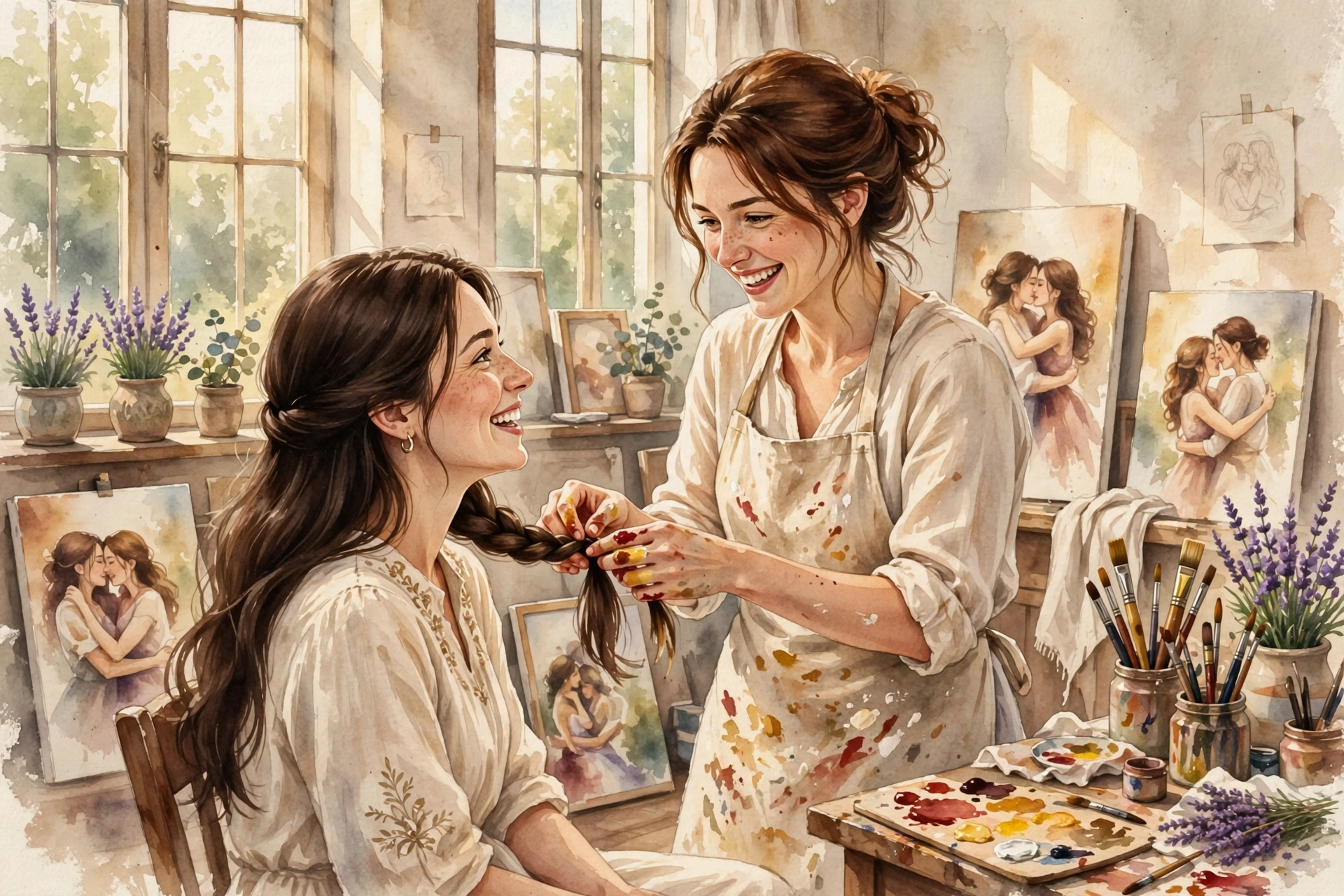 Watercolor of a woman painter braiding another woman's hair in a sunlit studio