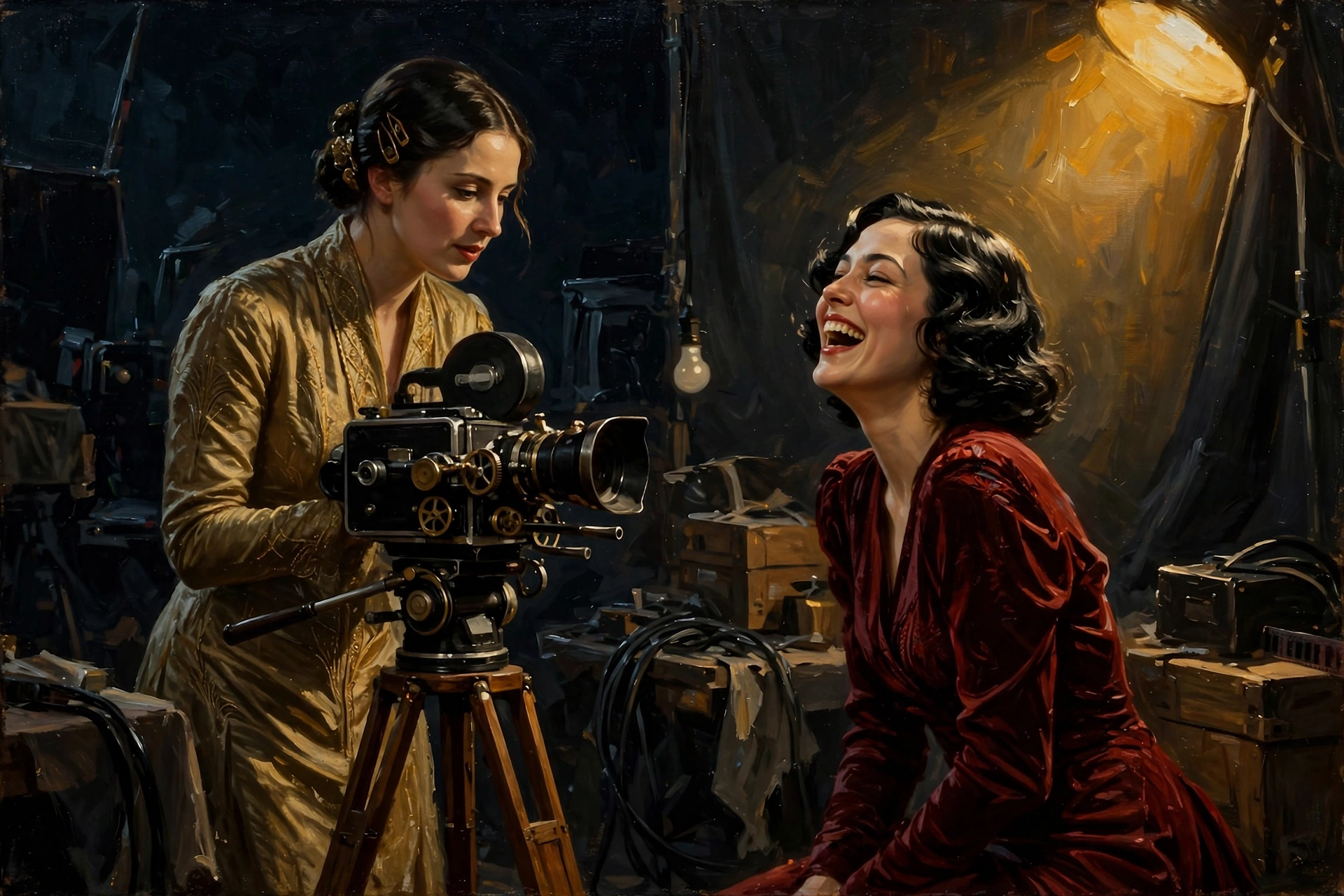 Painted scene of two women on a film set at night — one behind a vintage cinema camera, the other laughing in golden lamplight