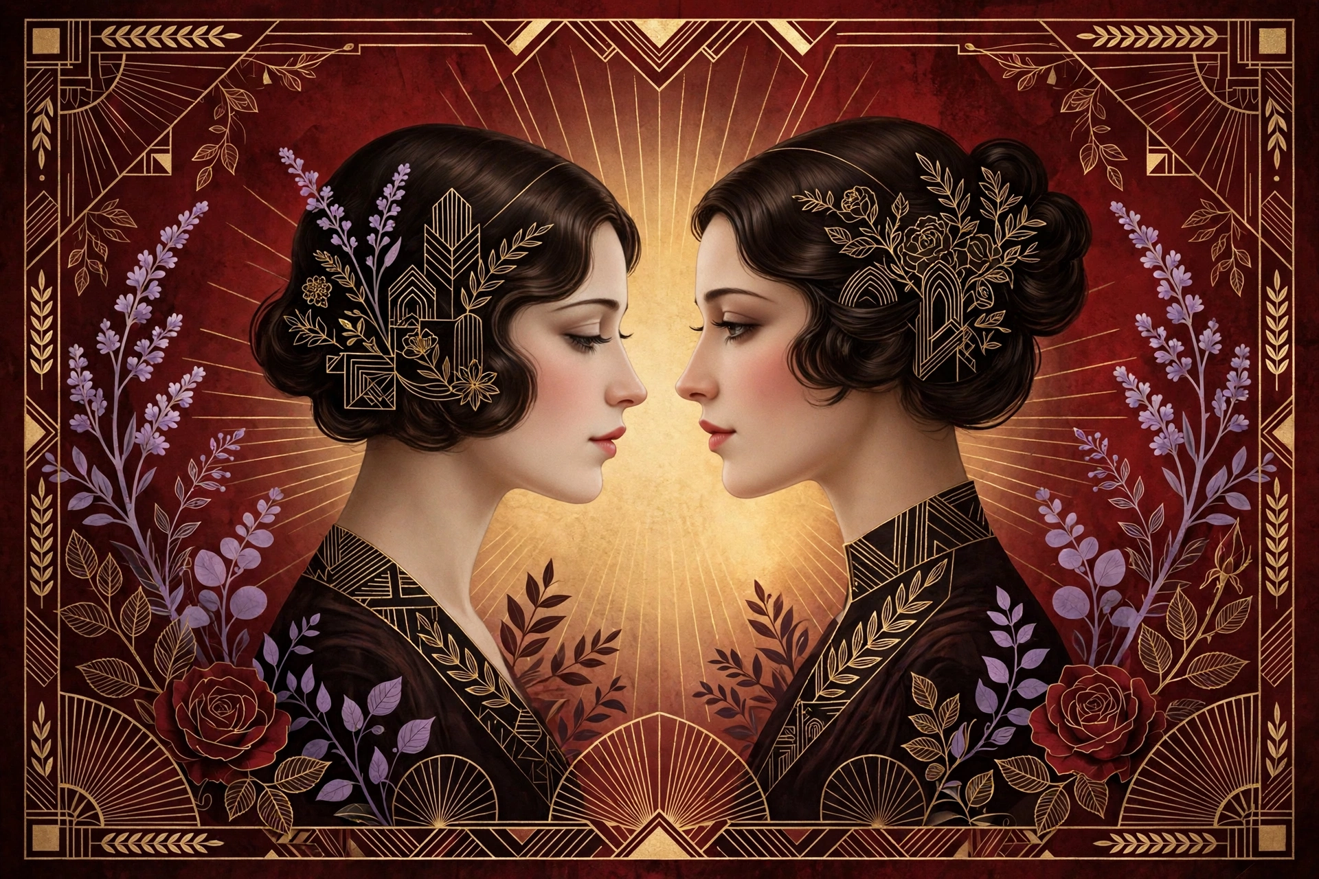 Art deco illustration of two women in profile, surrounded by roses and lavender